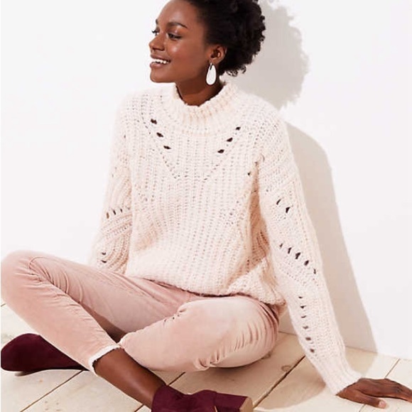 LOFT Pointelle Mock Neck Sweater Pastel Pink 481735 acrylic nylon alpaca Small - Picture 1 of 10